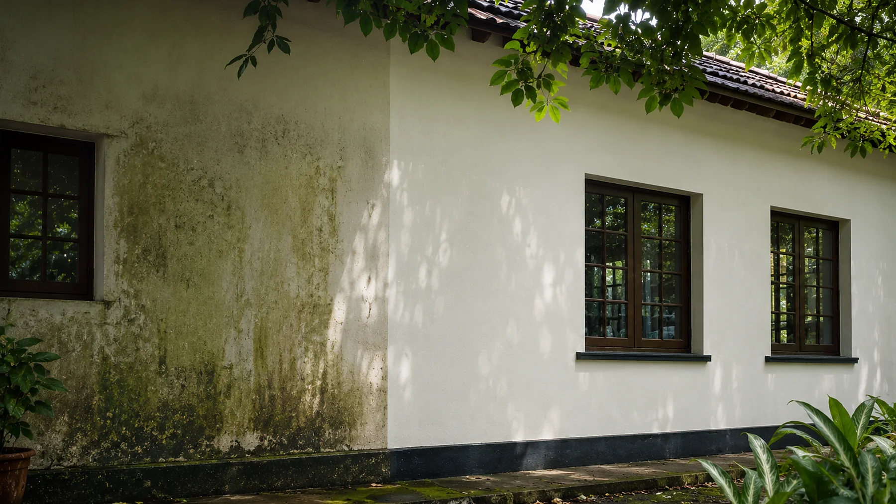 An exterior wall half covered in algae, half clean where Extra Life is applied