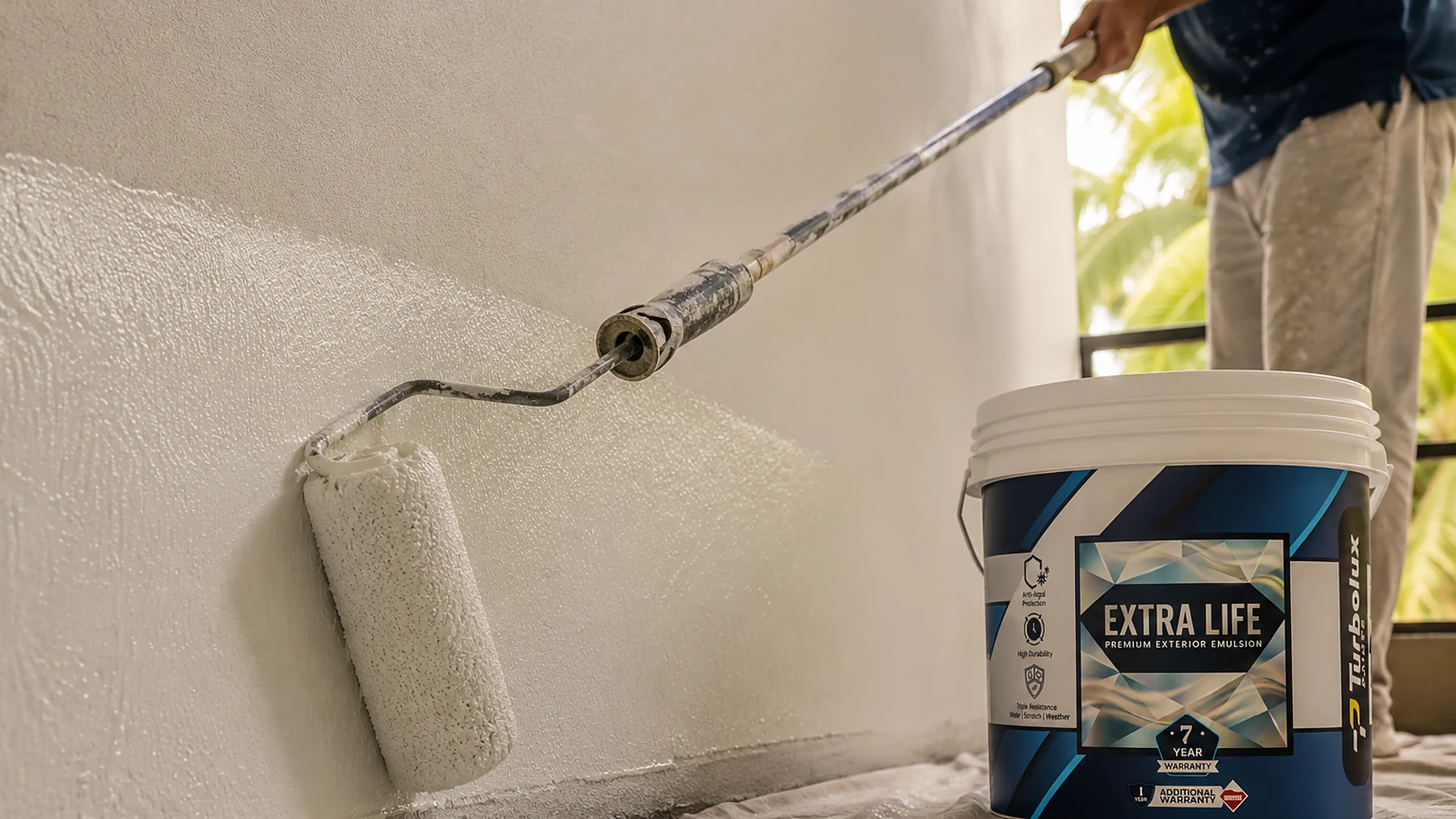 A painter rolling Extra Life onto an exterior wall beside a 10 litre pack