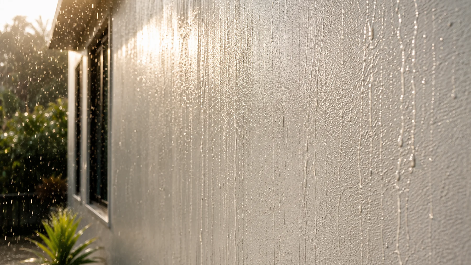Rain running down an Extra Life exterior wall, carrying dust away
