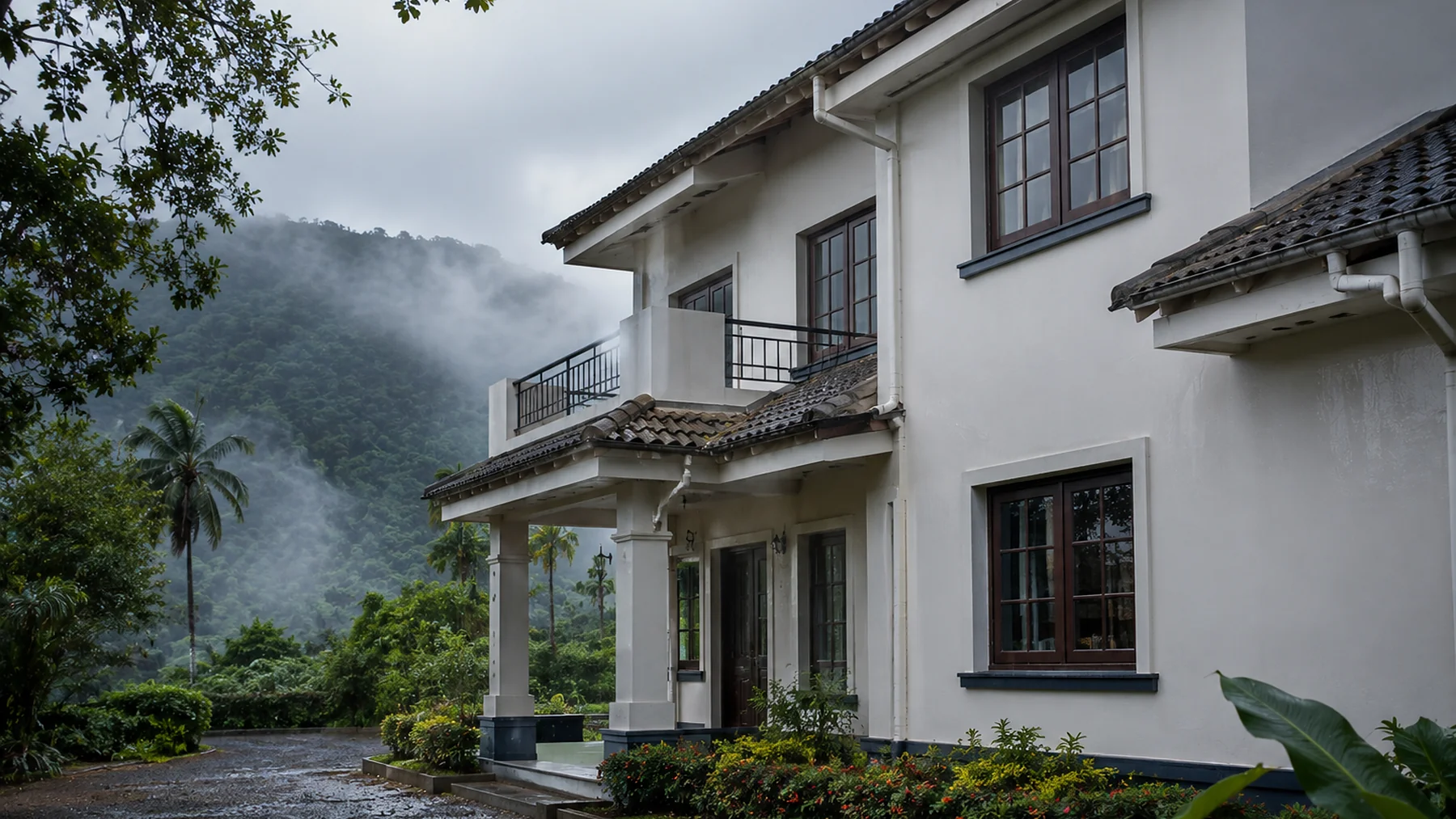 A hillside house finished in Extra Life during the monsoon