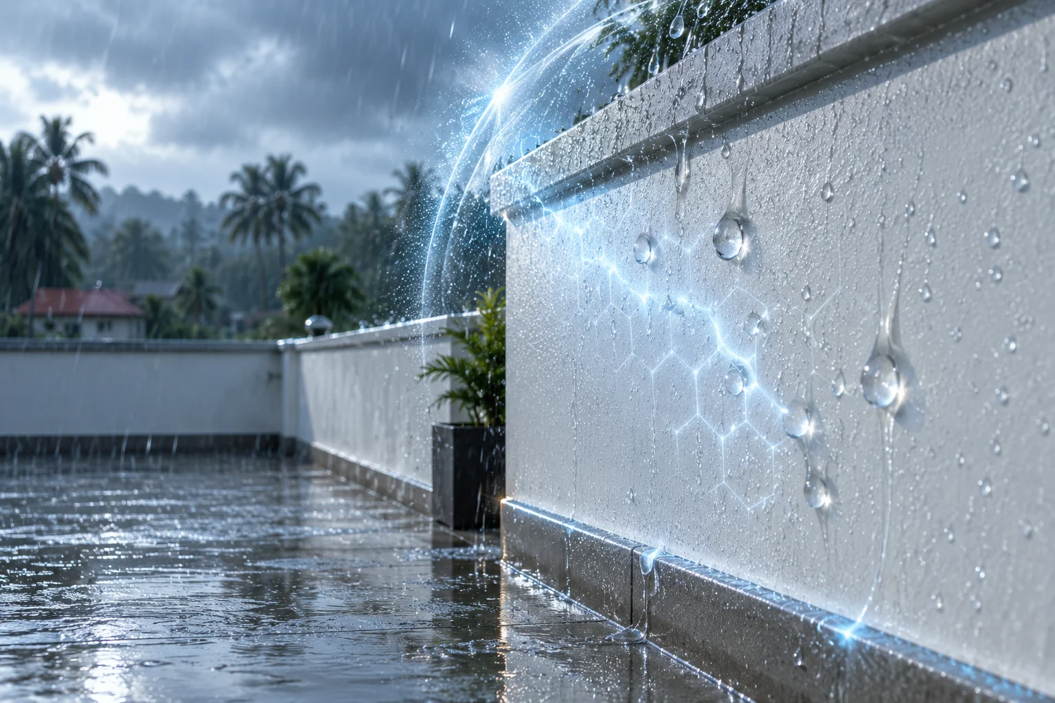 Nano-Polymer technology — monsoon rain beading and running off a treated parapet