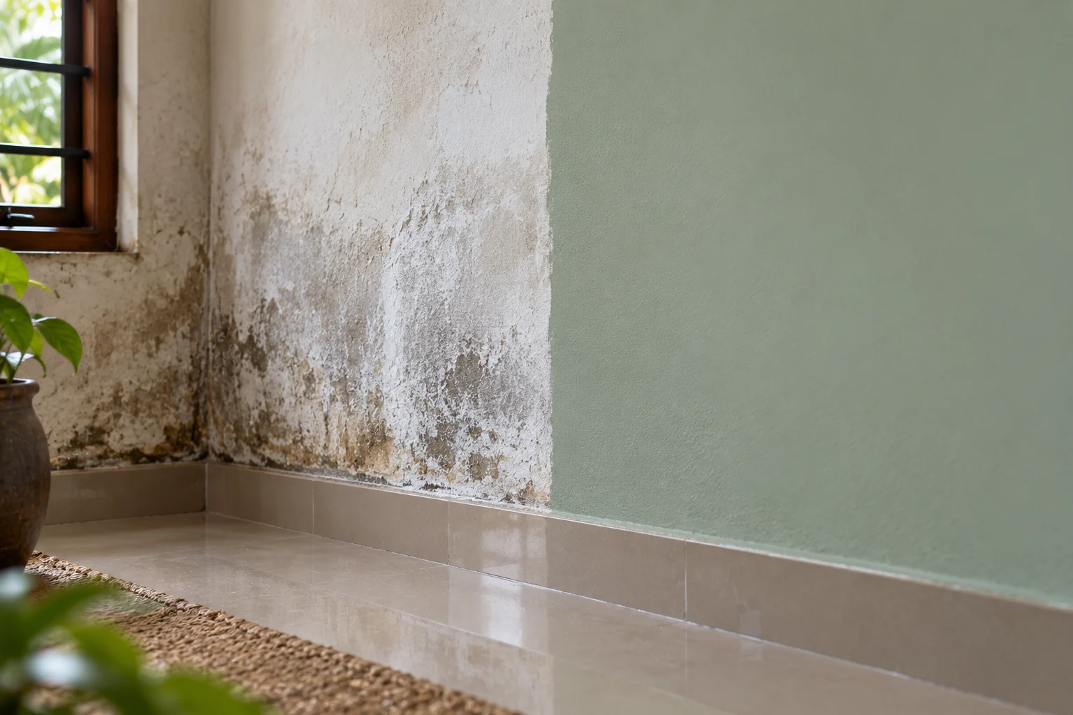 Stops efflorescence — a damp-stained wall corner beside the same wall treated and clean