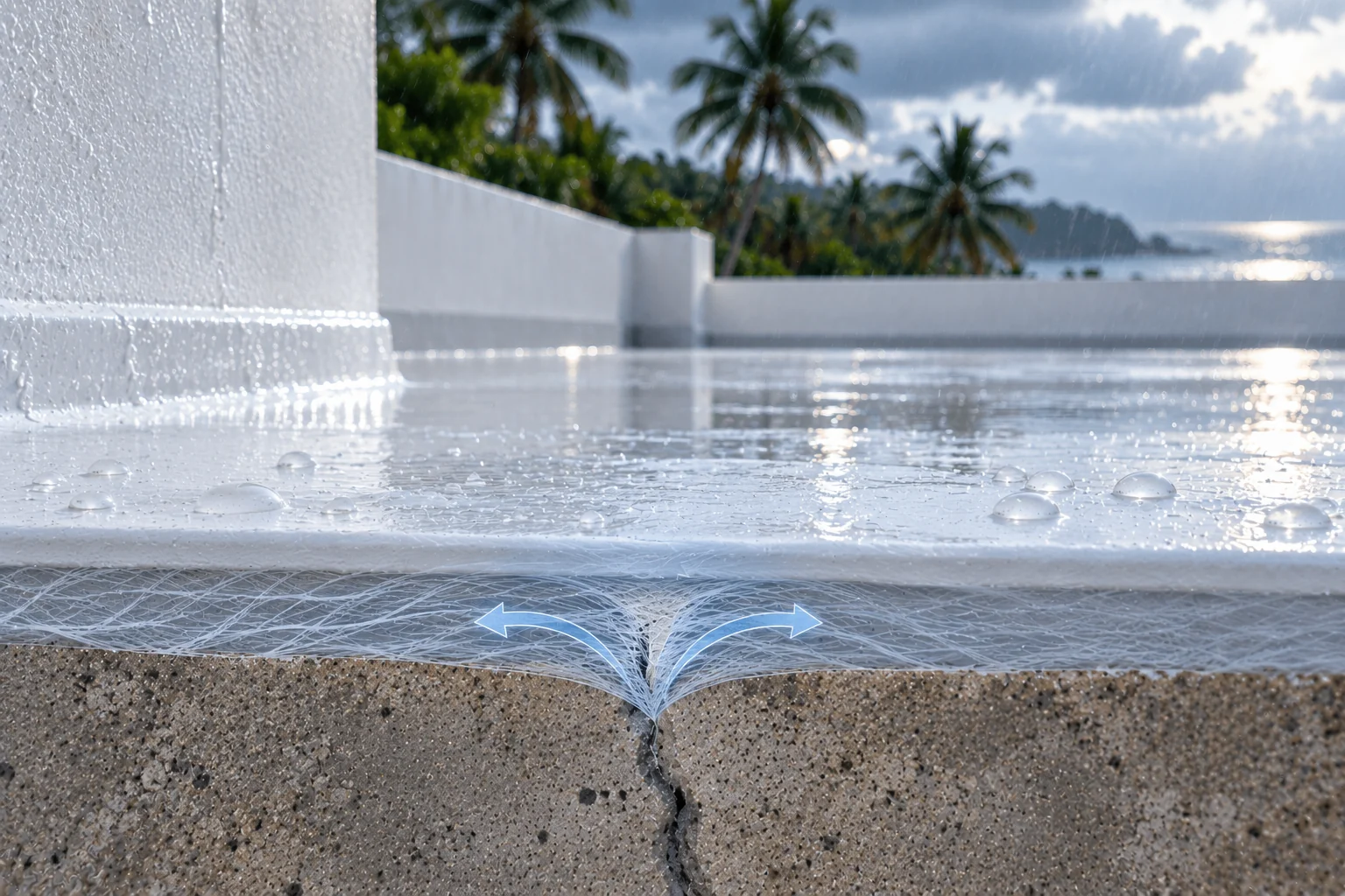3mm fibre technology — fibres carrying the coating across a crack in the concrete