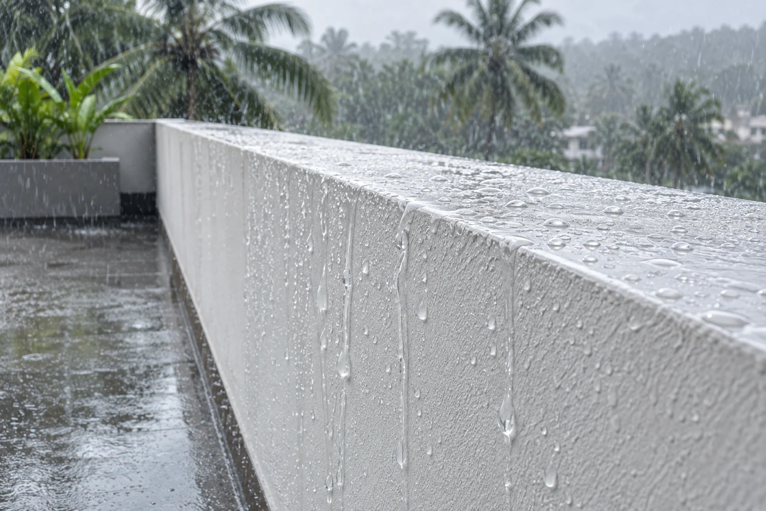 Waterproofing &mdash; monsoon rain shedding off a coated parapet