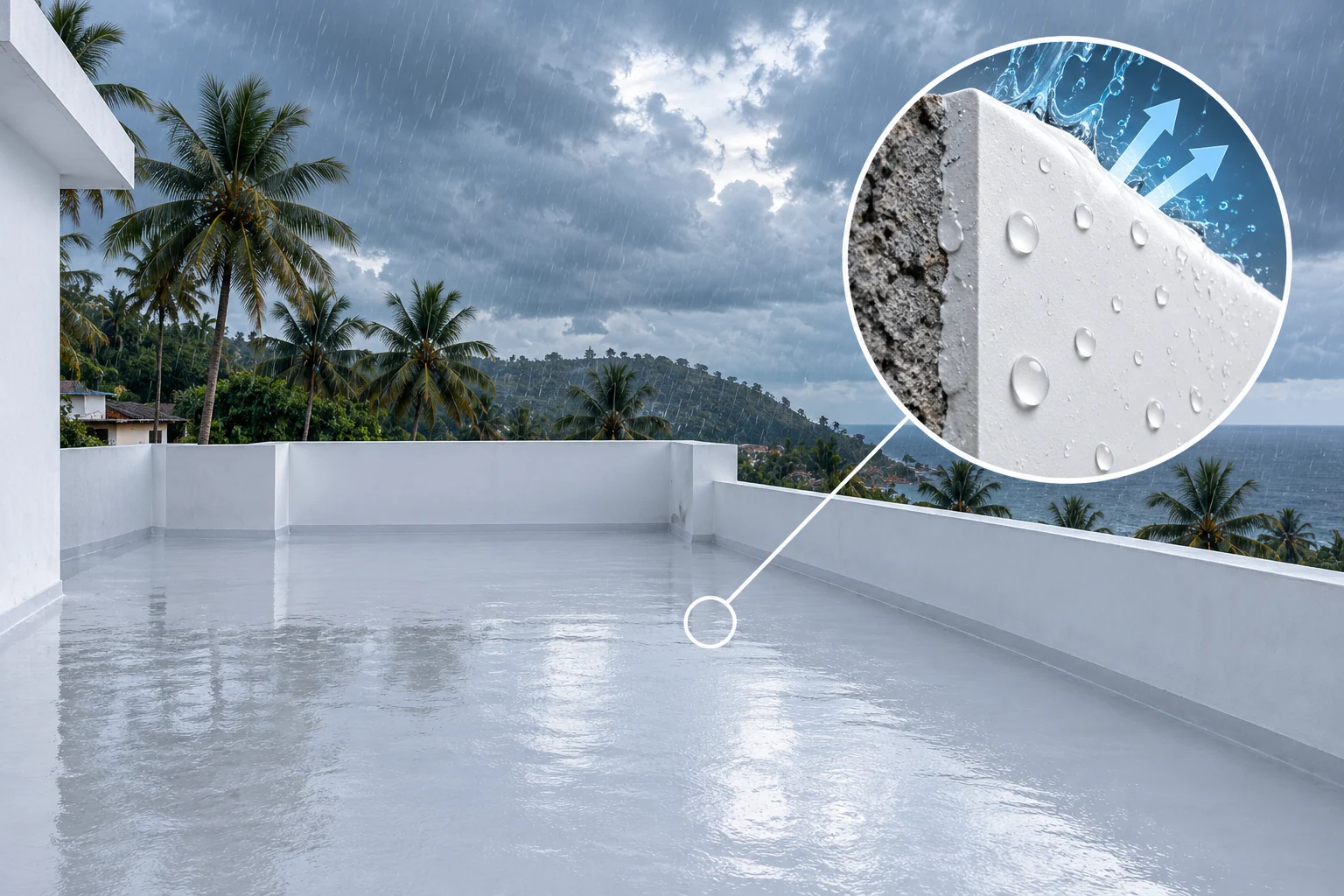 Bridges cracks &mdash; a sealed terrace membrane holding out standing rain