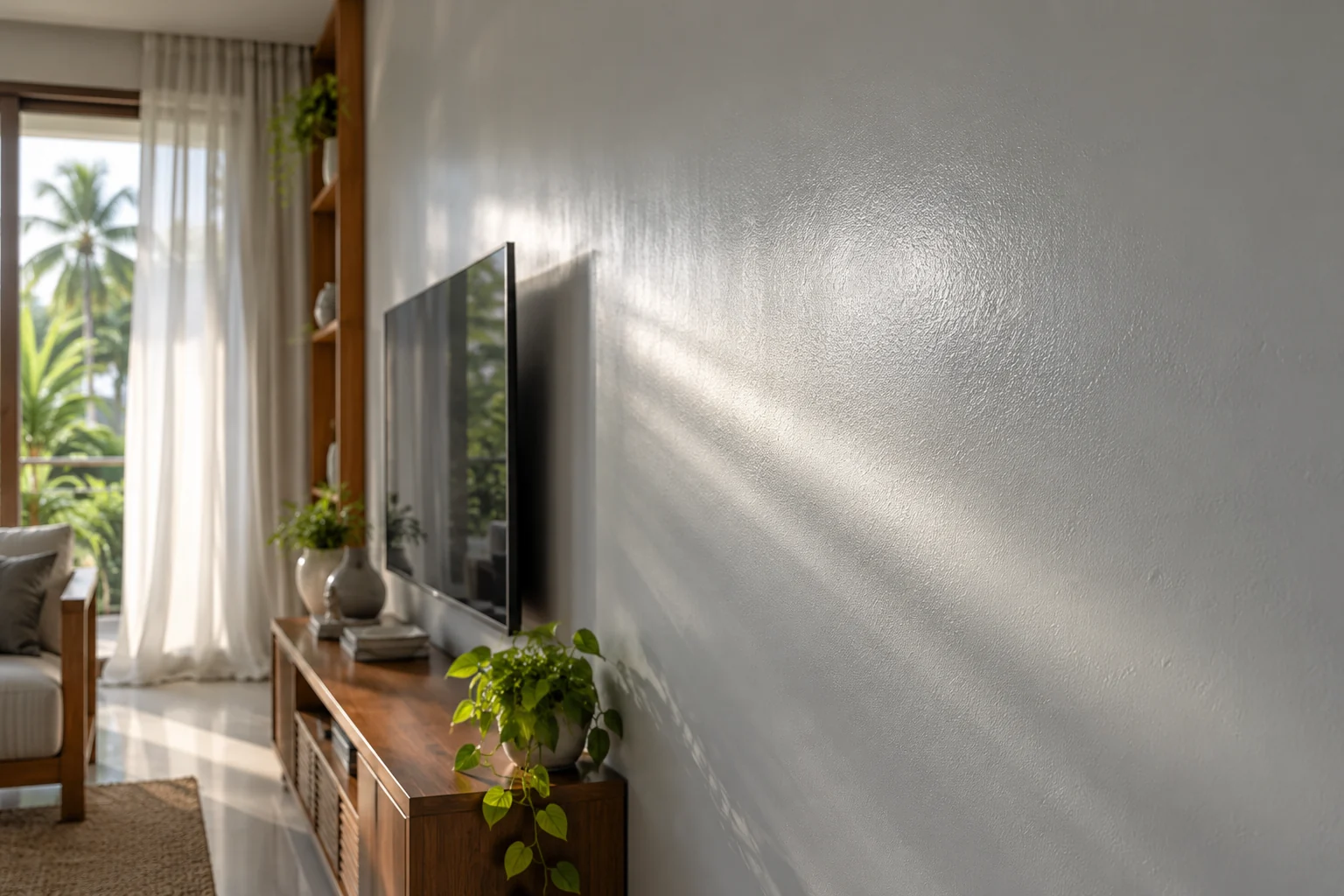 Soft sheen — low sun raking across a Dew-finished interior wall