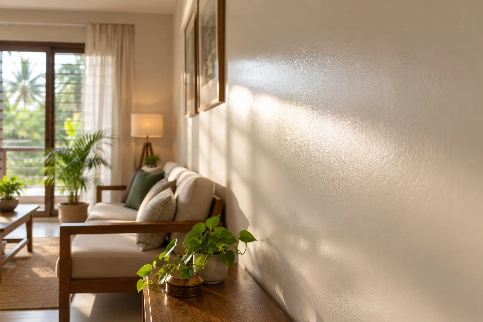 Durable and glossy — the finished wall holding its sheen behind furniture