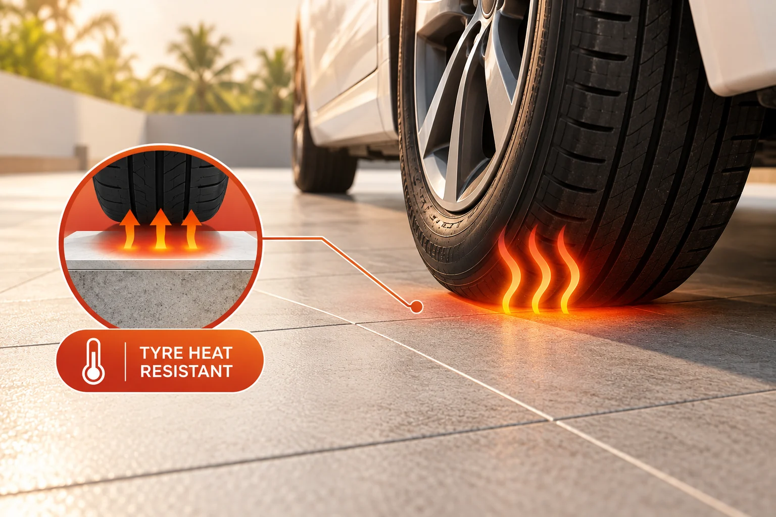 Hot tyre resistant &mdash; a car tyre standing on a coated floor tile, heat rising, the coating unmarked