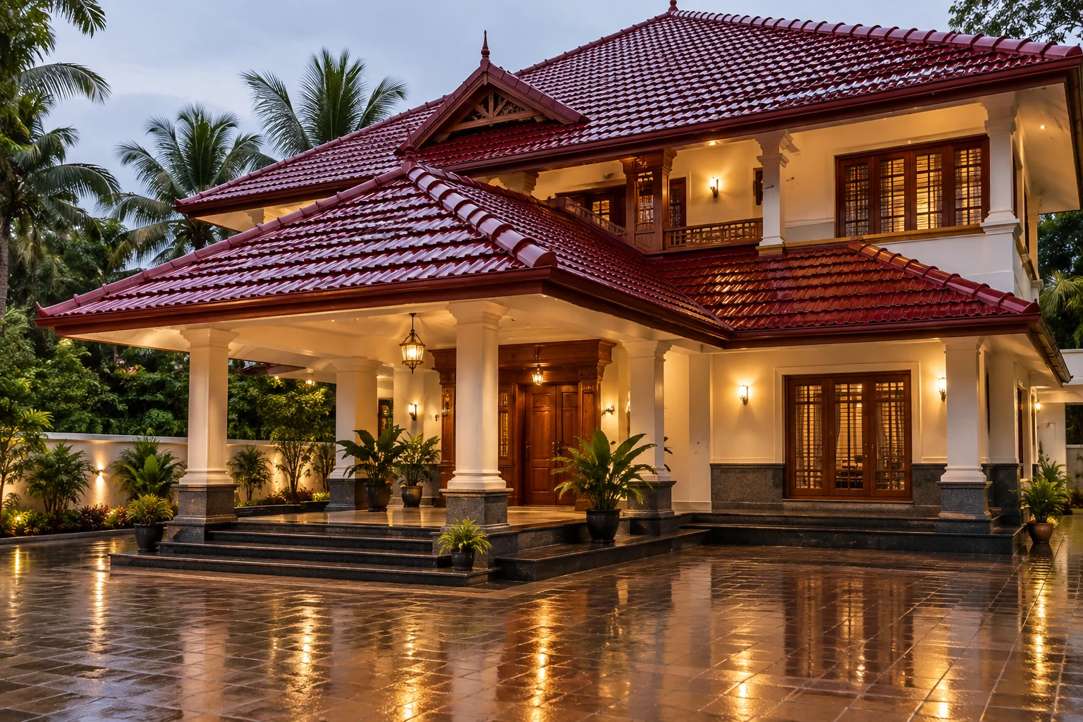 PU Modified Technology — deep unbroken gloss on coated roof tiles after rain