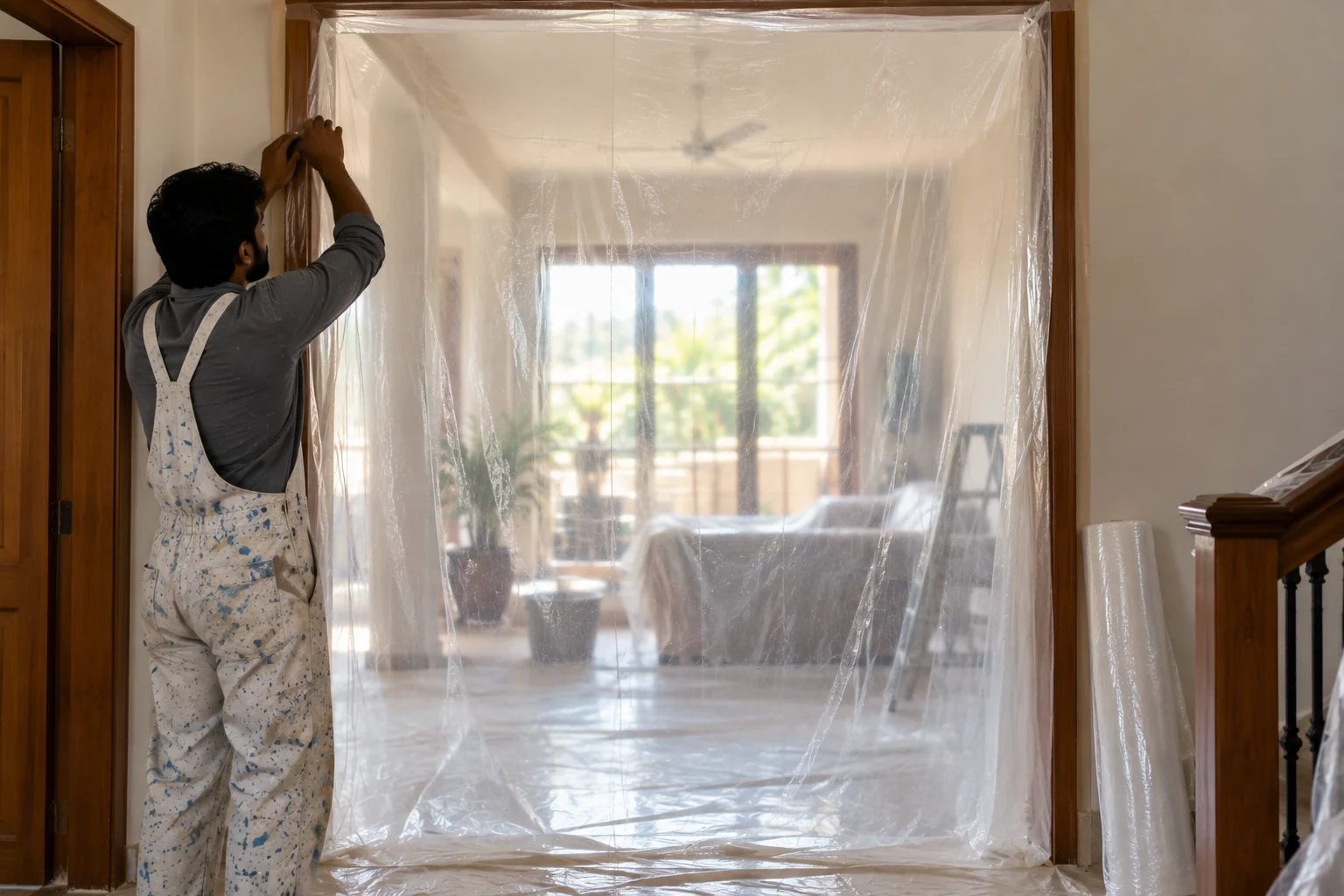 Paint running off the roller and caught by the sheet over the furniture below