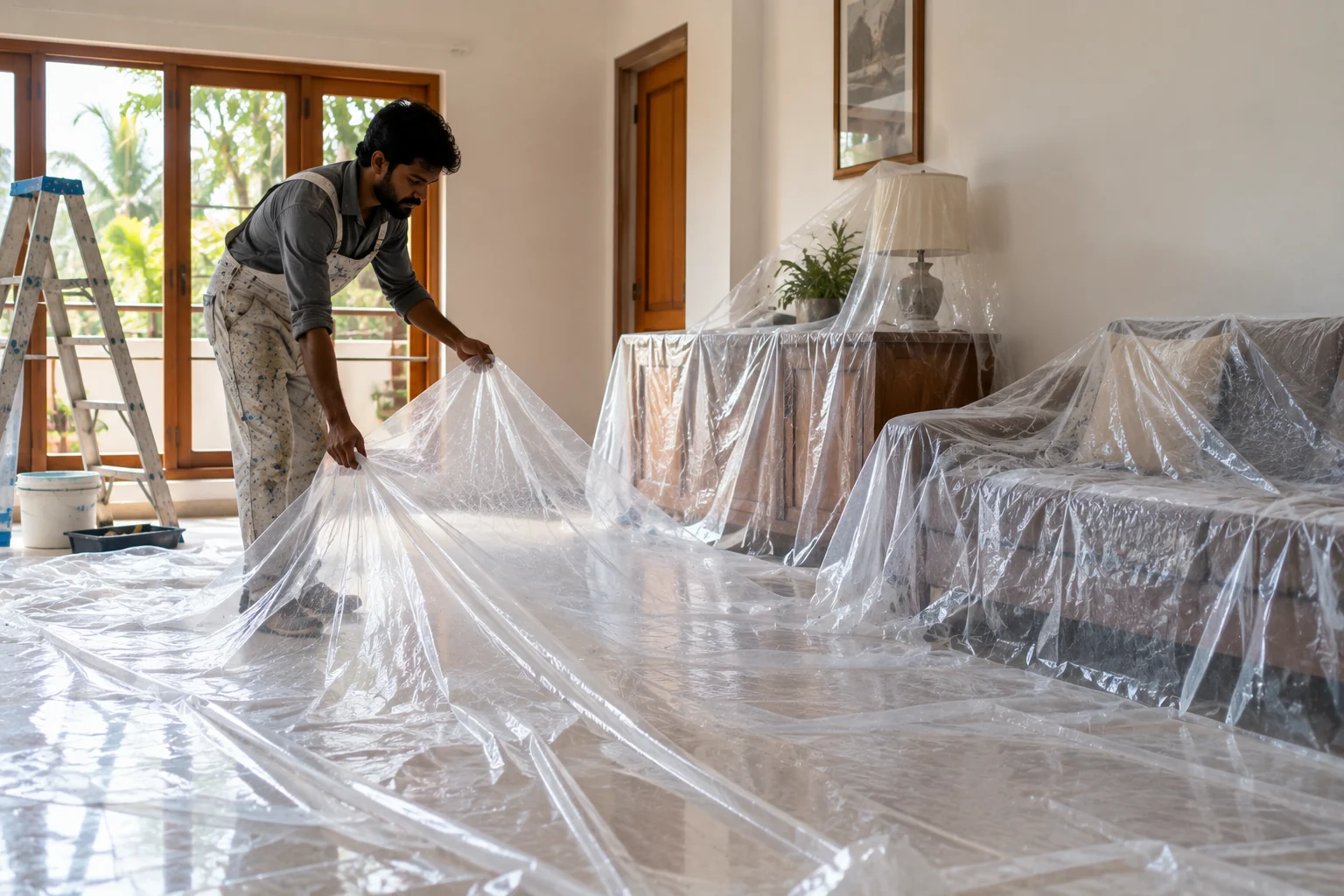 One sheet, 500 sq ft — a painter spreading Ezy Cover across the floor and over the furniture of a room