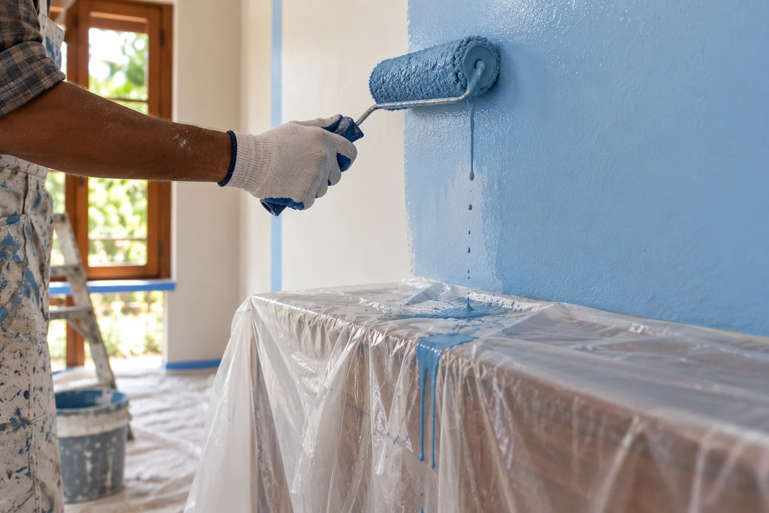 Ezy Cover taped across a doorway, sealing the room being painted off from the rest of the house