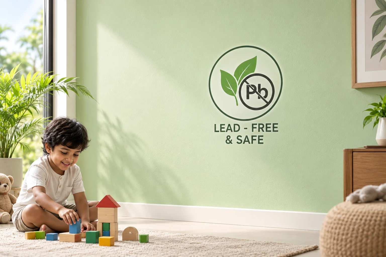 Lead-free and safe — a child playing beside a freshly painted interior wall