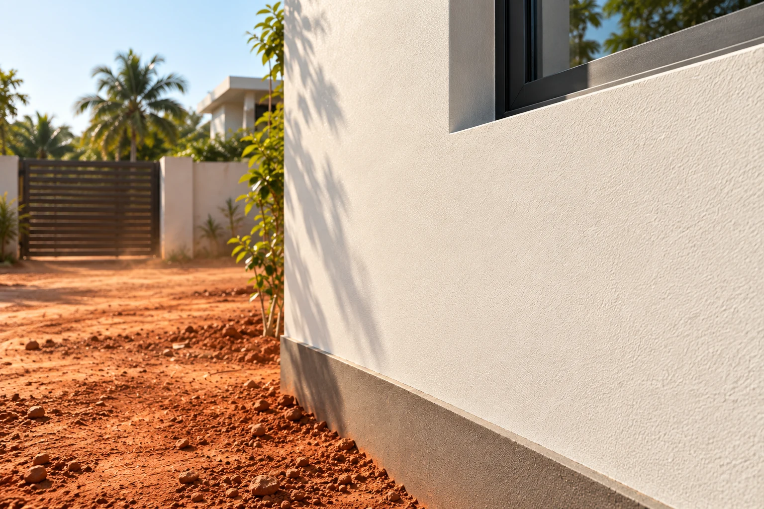 A Majestic wall clean beside red laterite dust