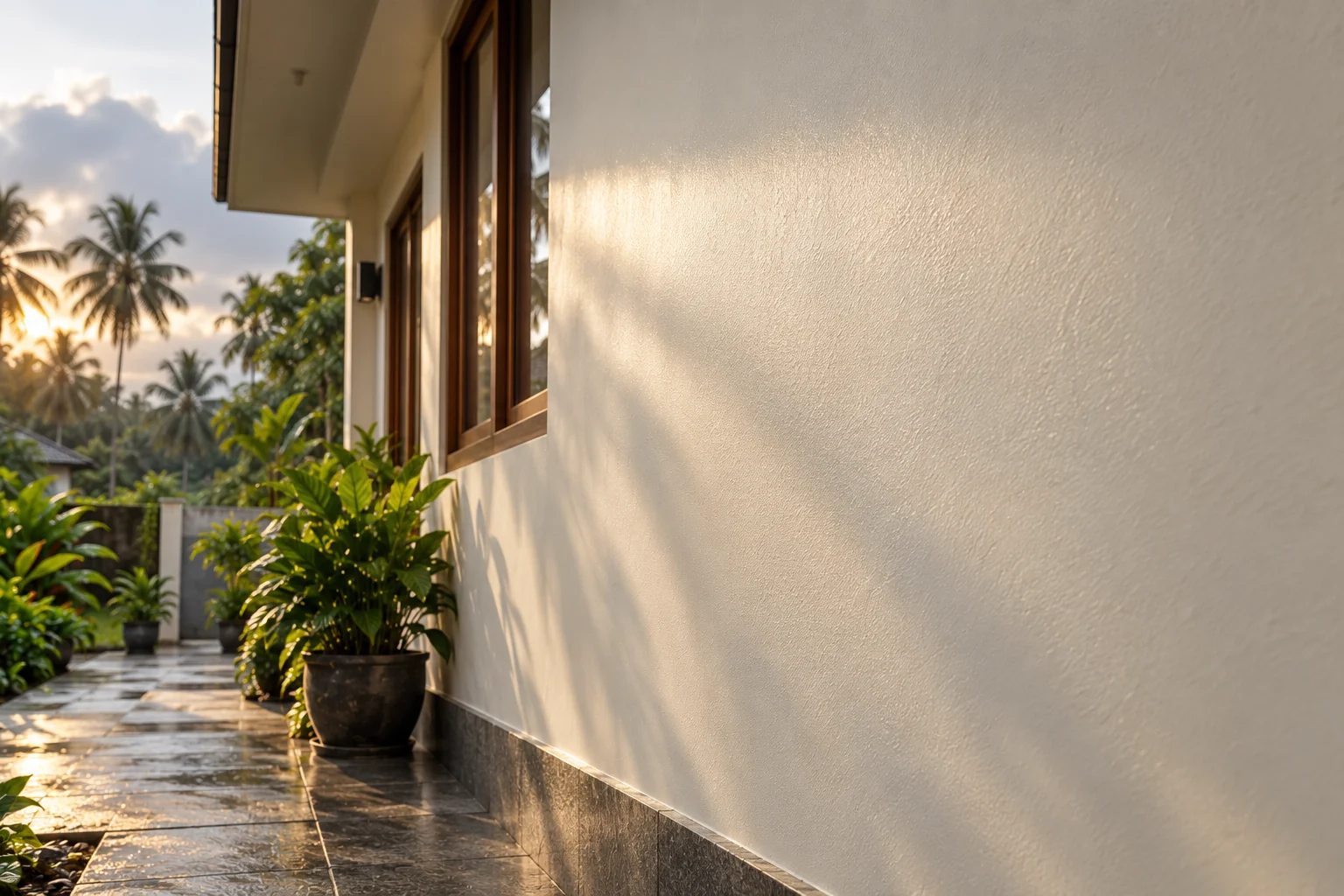 Long-lasting sheen &mdash; low evening sun raking across the wall, showing an even semi-sheen years on