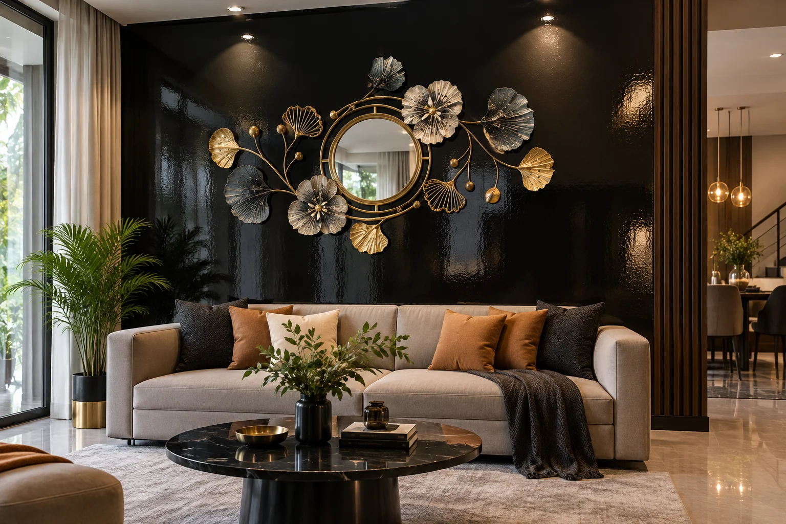 High gloss — a black feature wall reflecting the room