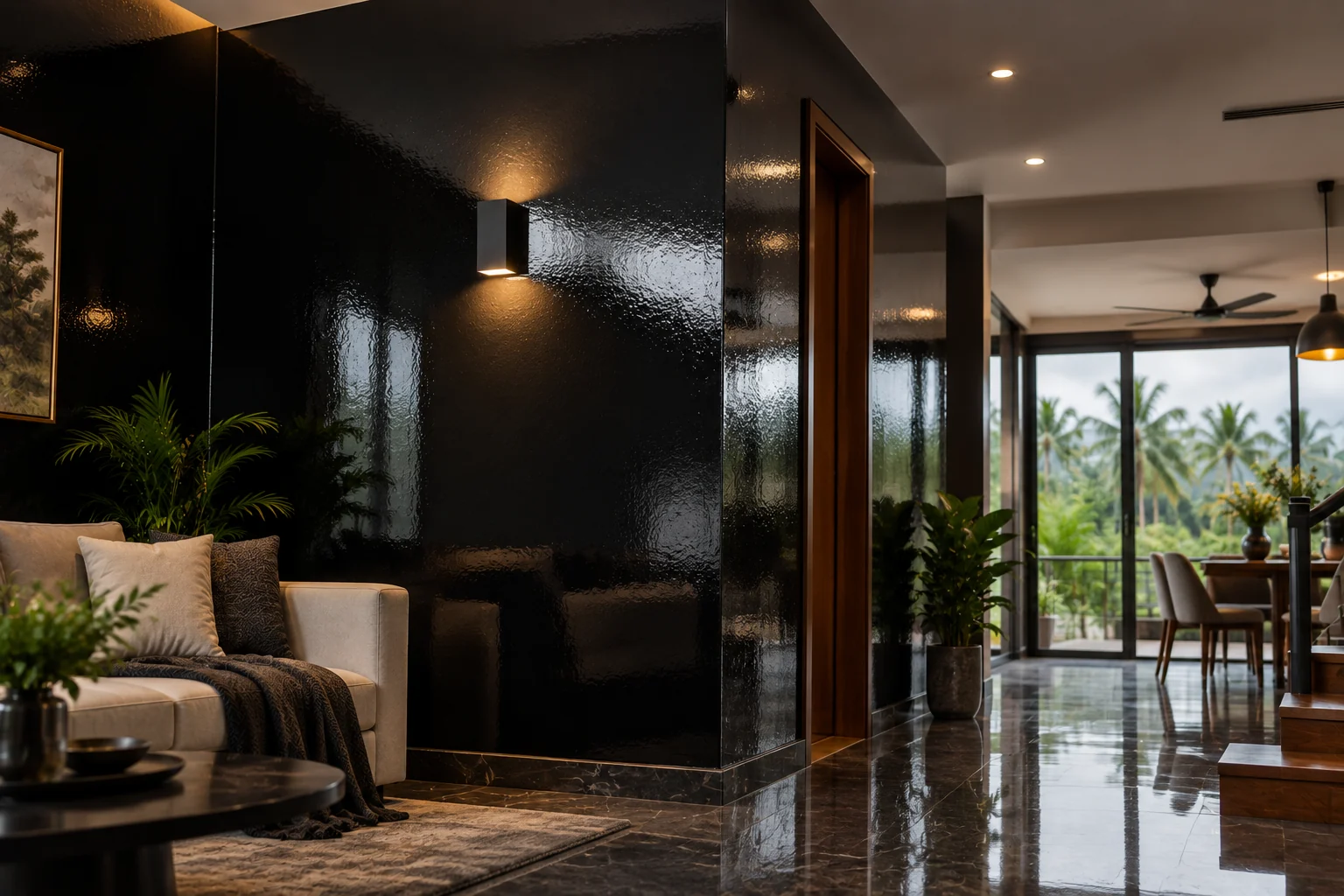 Extra black &mdash; deep black on an interior wall beside daylight