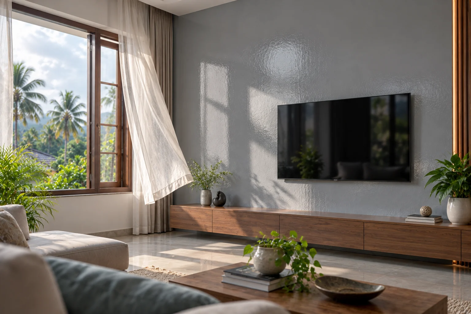 Eco-friendly — grey gloss on an exterior wall beside open windows