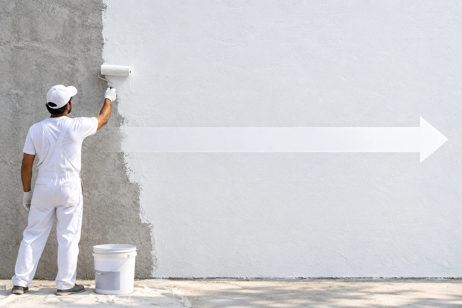 Wide area coverage &mdash; a painter taking OK primer across a long exterior wall