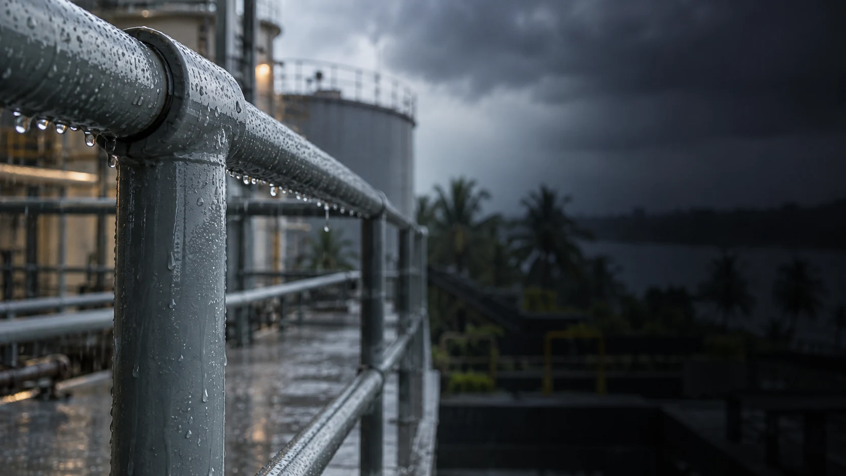 Rain beading on a primed steel handrail