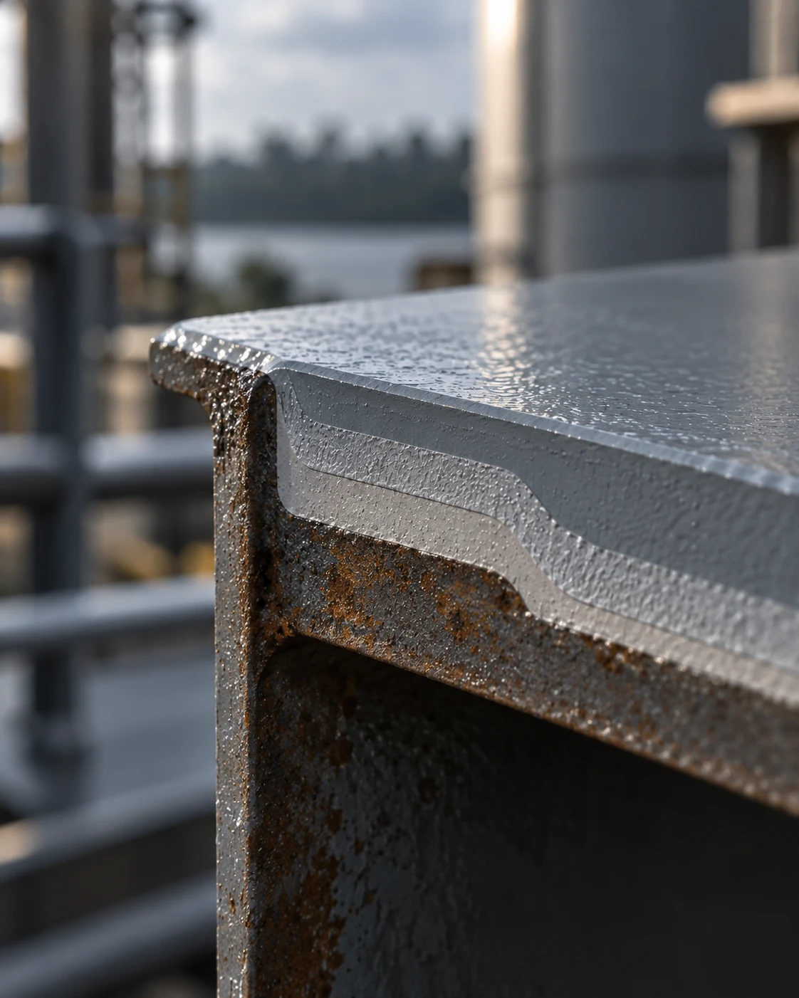 Layered Prestige primer film built up over a rusted steel beam corner