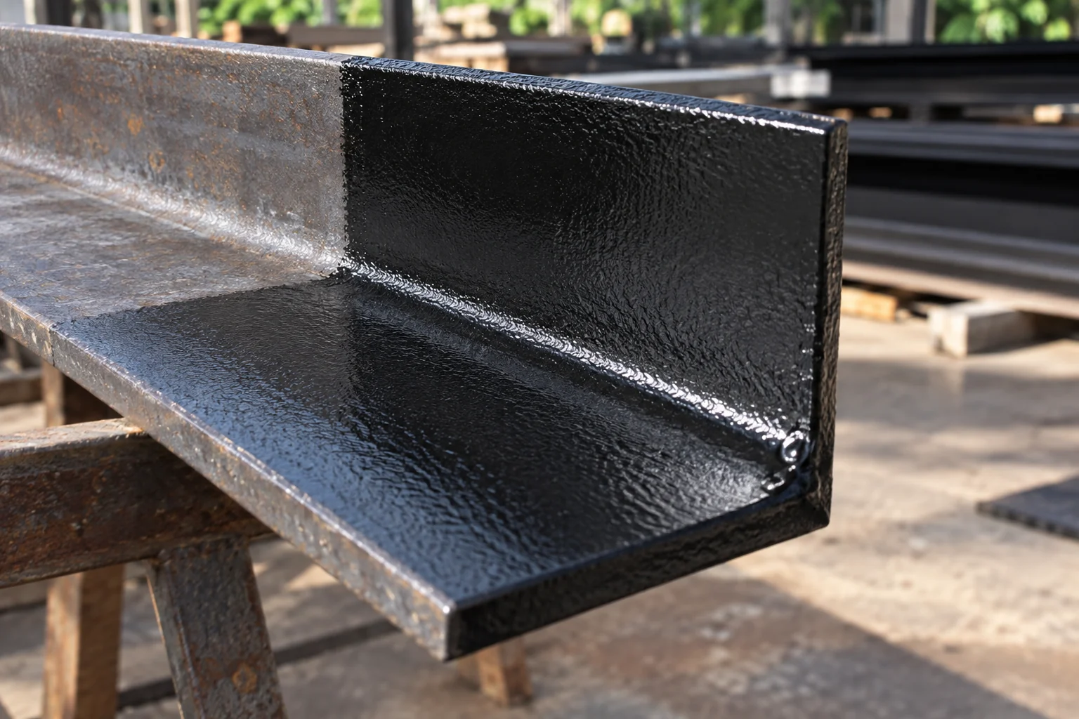A steel section half coated in Pride, the primed half against bare mill-scale steel