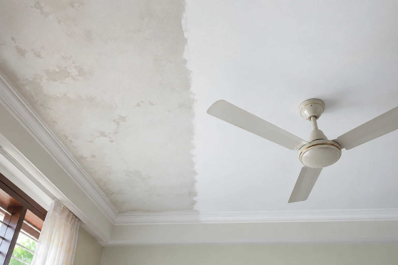 Extra whiteness — half a stained ceiling recoated, the treated side pure white