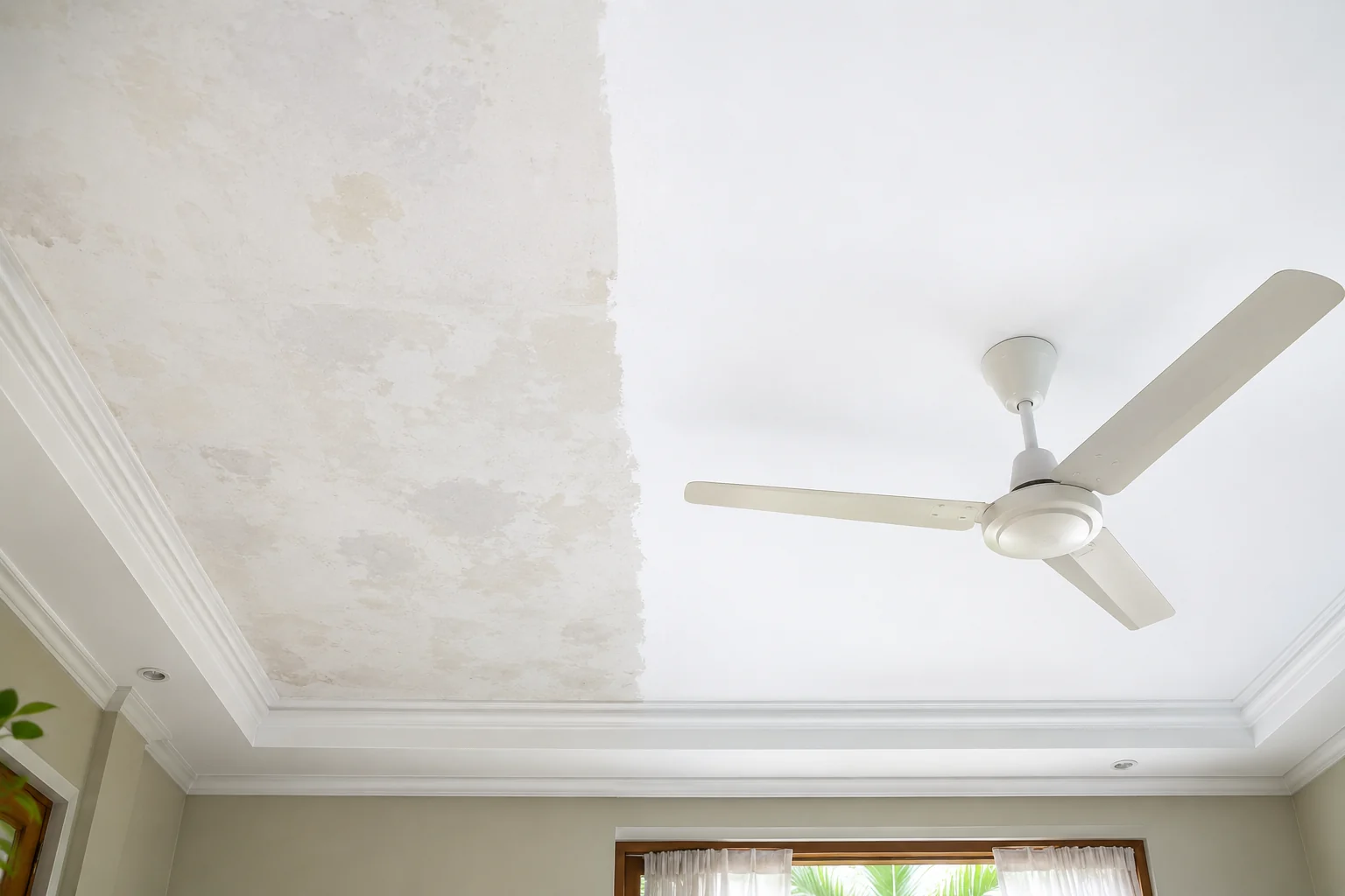 Extra brightness — the finished ceiling lifting the light in the room