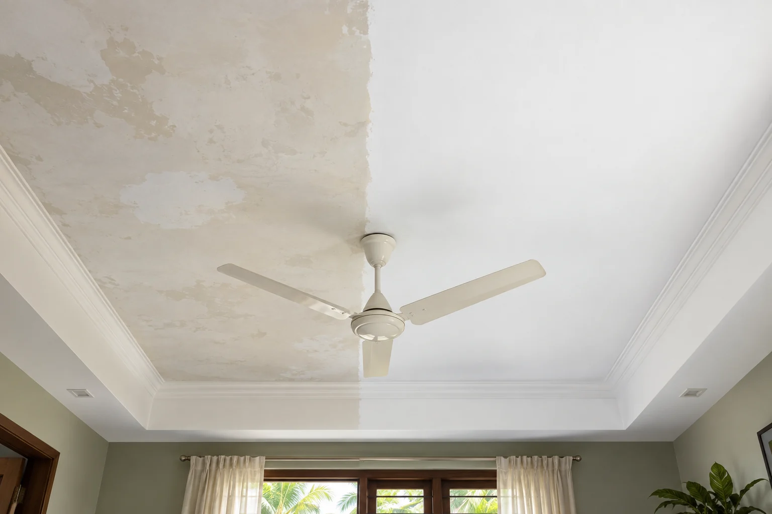 Affordable &mdash; a full ceiling covered cleanly over old staining