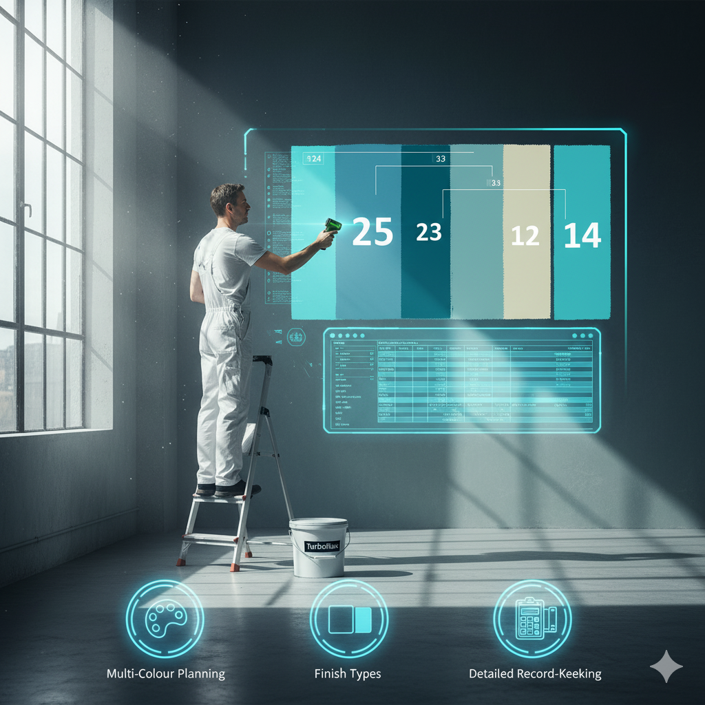 Comprehensive paint calculation guide with measuring tape, calculator, and paint cans showing accurate estimation methods