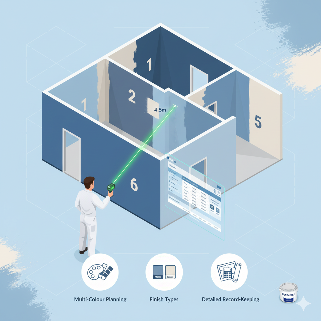 Comprehensive paint calculation guide with measuring tape, calculator, and paint cans showing accurate estimation methods