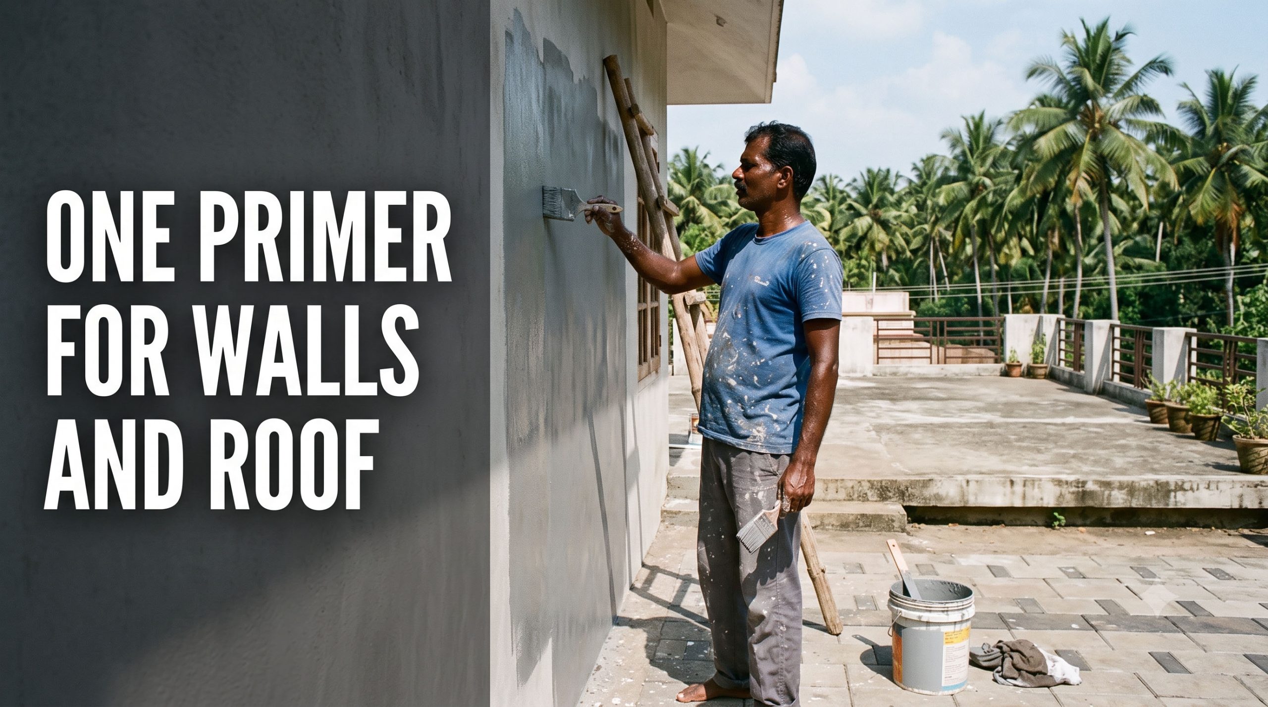 Painter applying grey cement primer to a Kerala house wall with the roof terrace behind