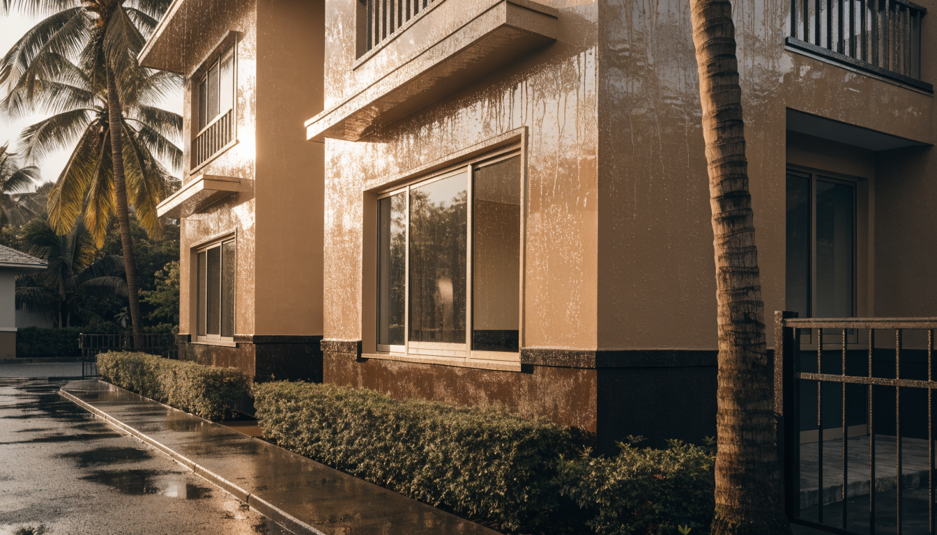Freshly painted modern Indian house exterior in sunlight
