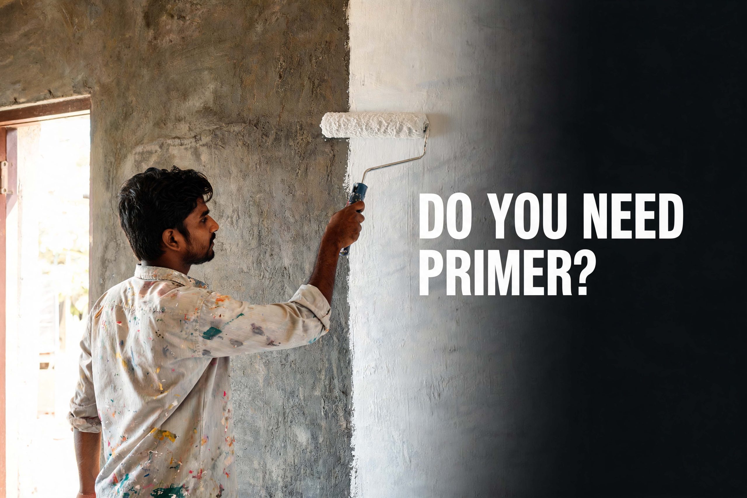 Painter rolling white primer onto a bare plaster wall in an Indian home