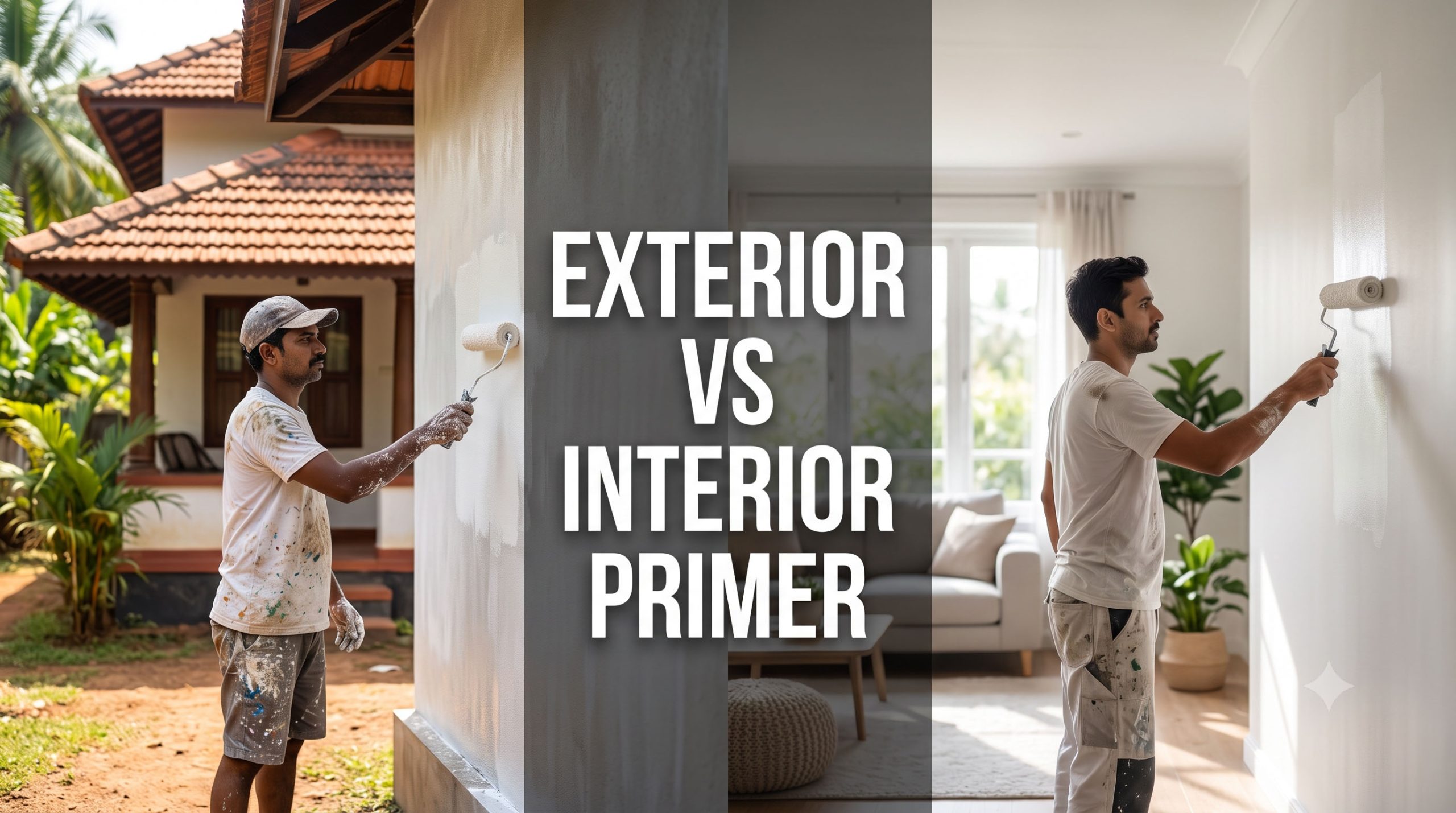 Split view of painters priming an exterior wall and an interior wall of a Kerala home
