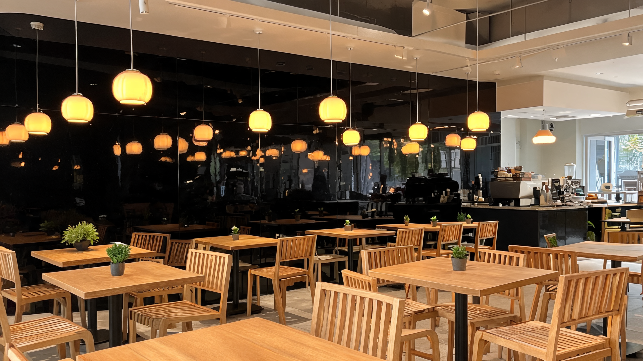 Glossy black feature wall in a modern cafeteria