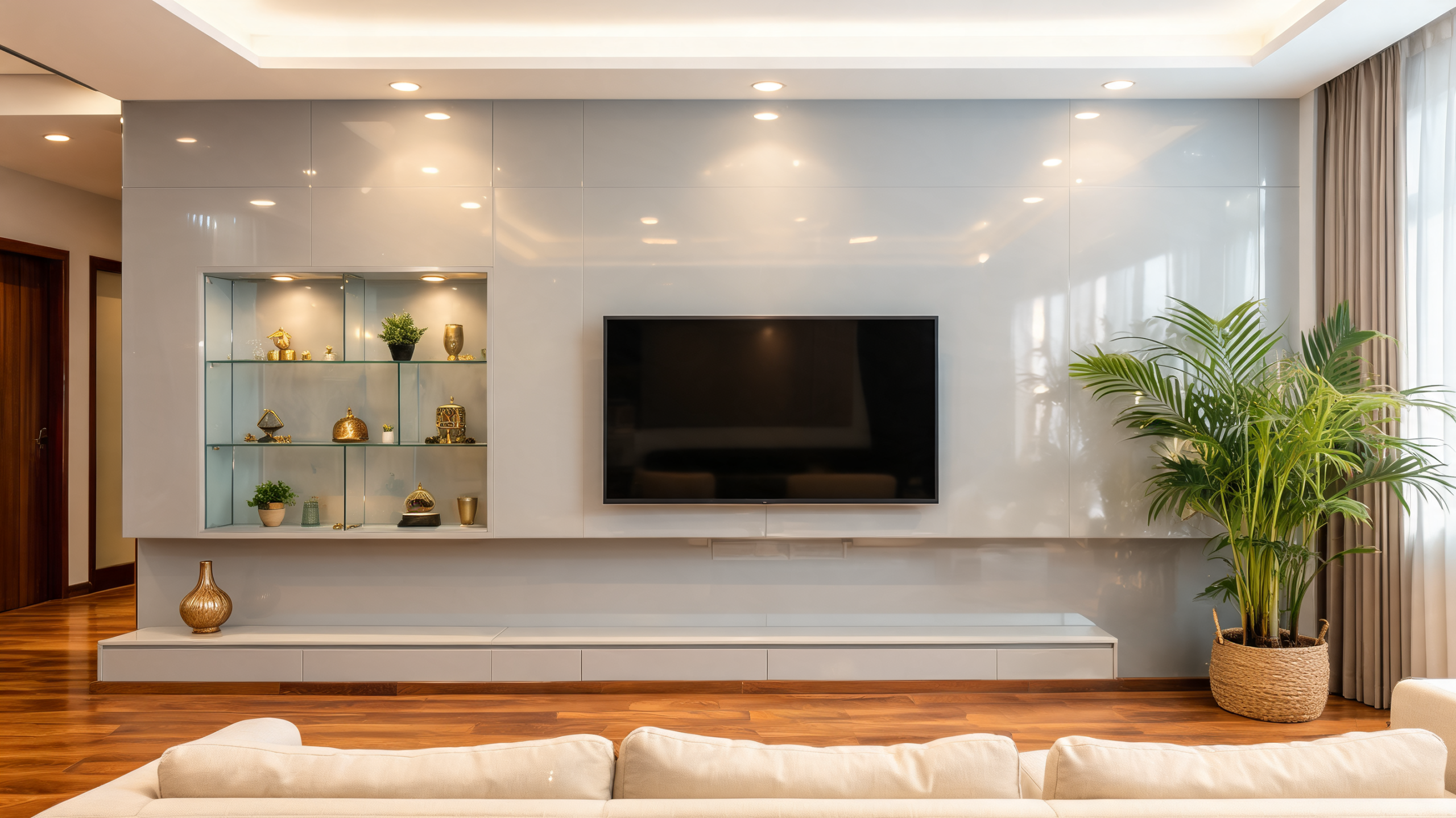 Glossy grey feature wall behind a TV and showcase unit