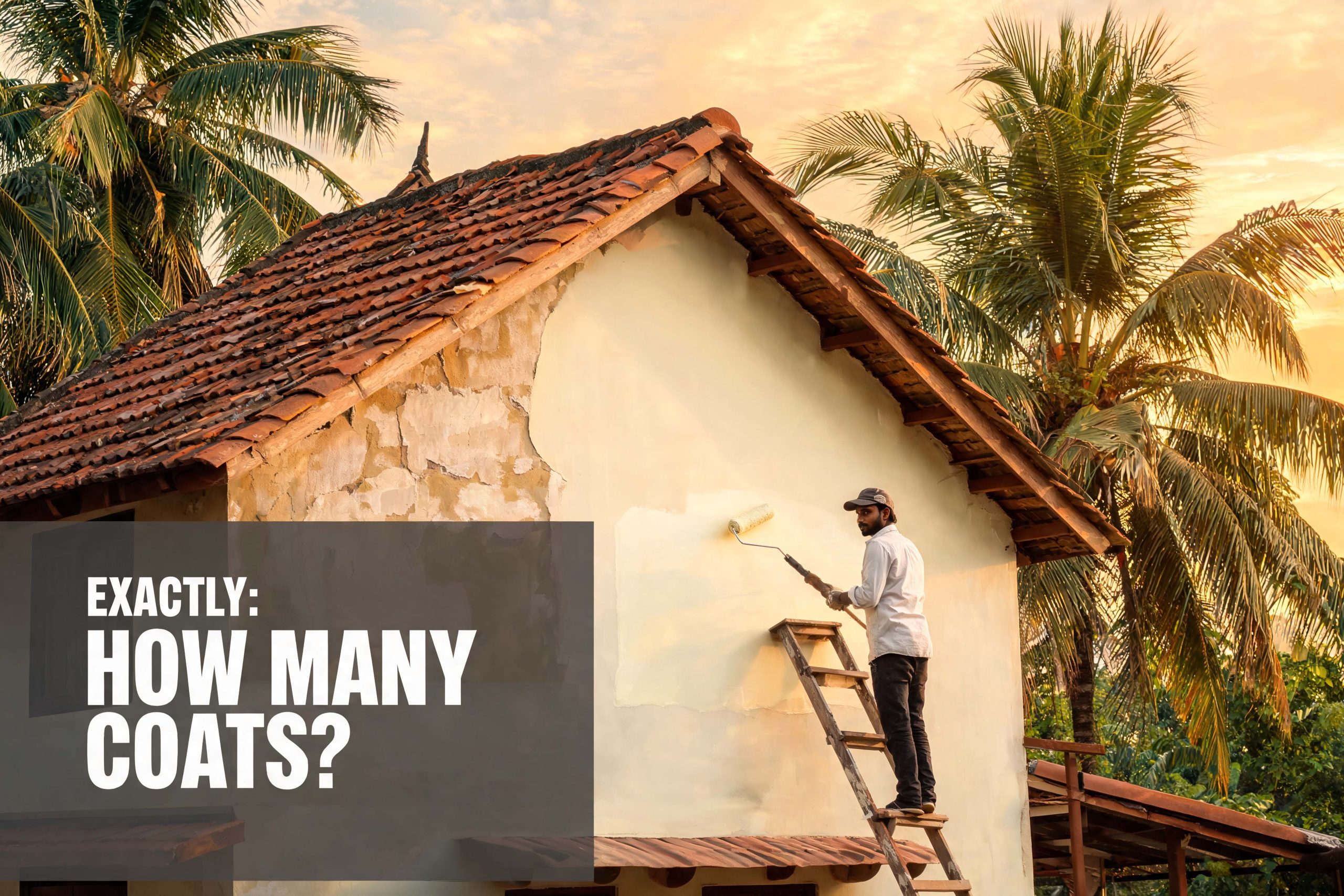 Painter rolling a second coat of emulsion onto a Kerala house exterior wall