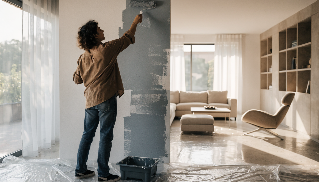 Painting a room wall in a modern Indian home