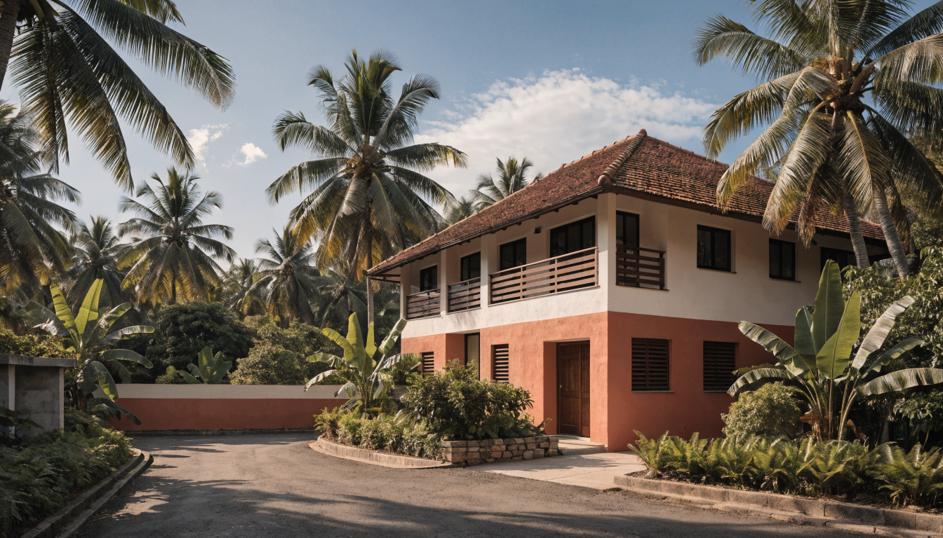 Kerala house exterior in a cream and terracotta colour combination