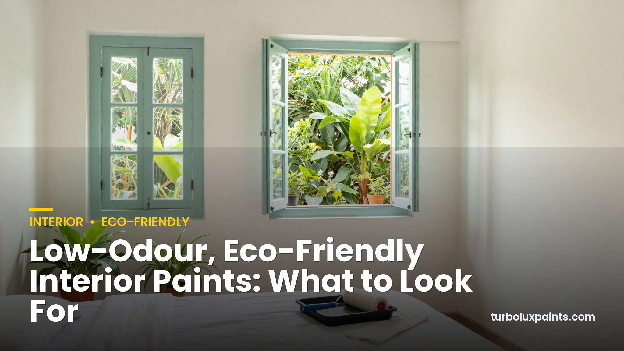 Bright freshly painted low odour interior bedroom in a Kerala home with open windows and plants