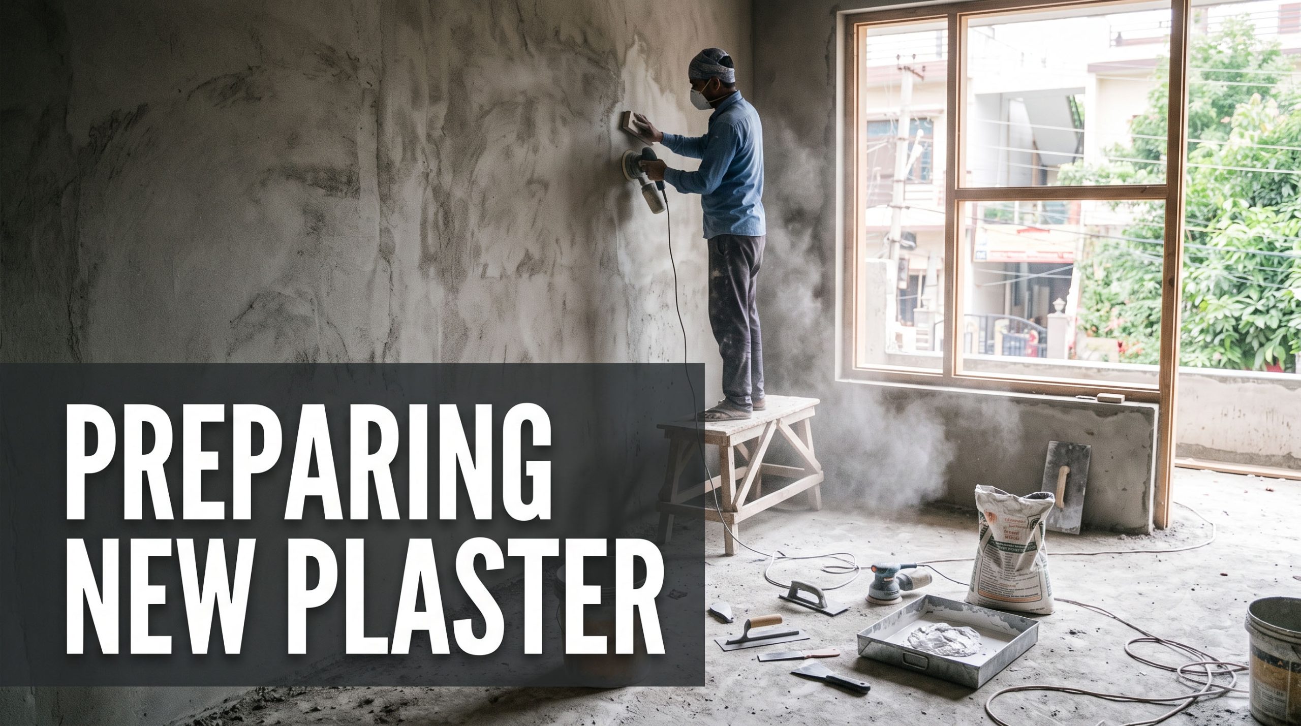 Worker sanding a fresh cement plastered wall inside a newly built Indian house