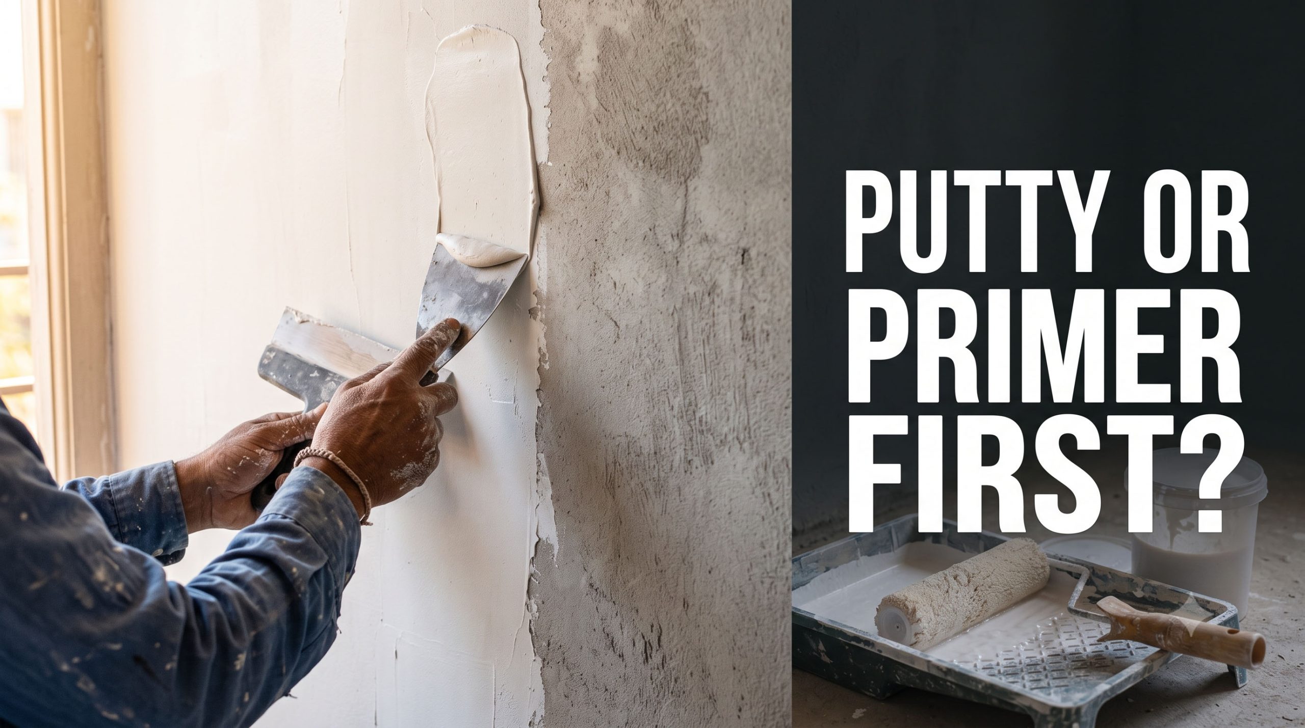 Hands applying white wall putty with a steel blade next to a primer roller on a half-finished wall